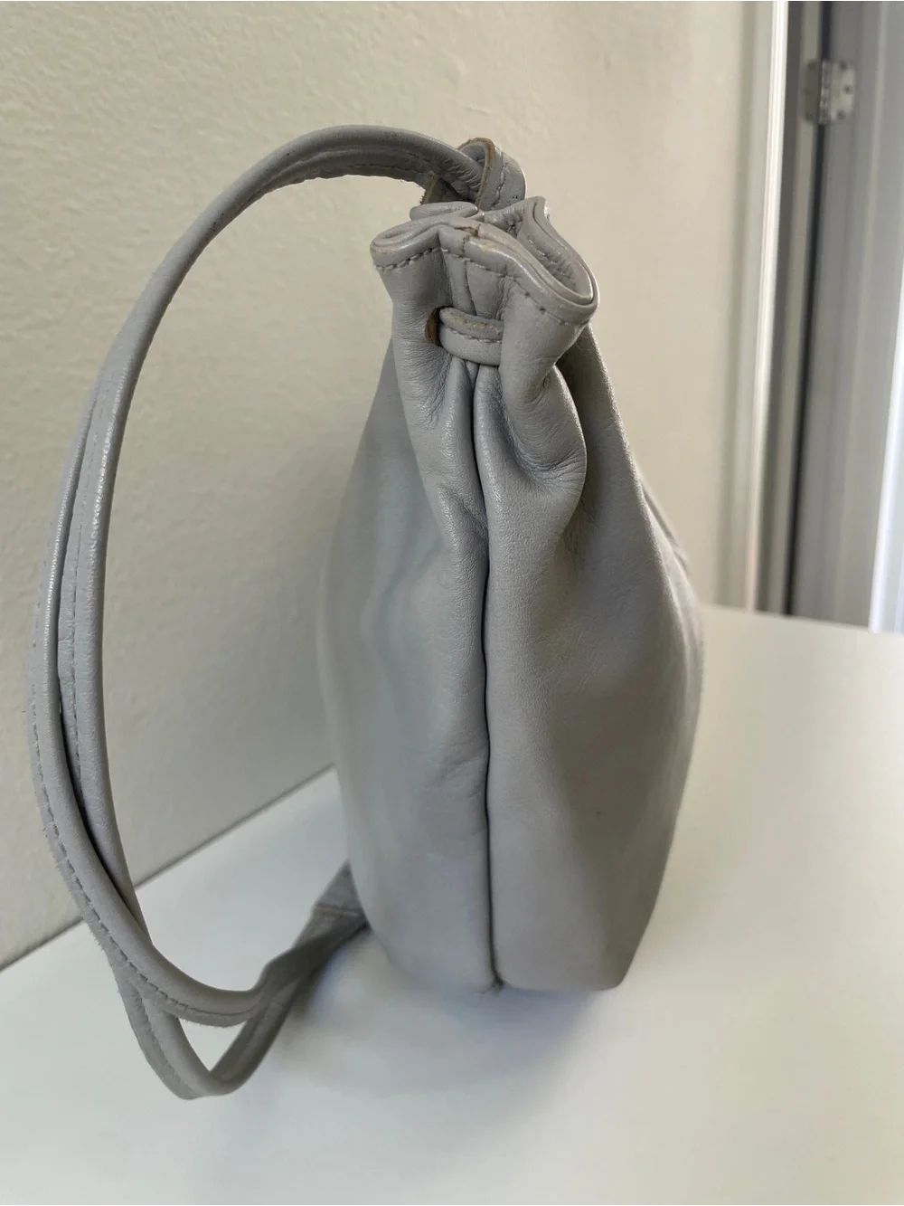 Soft Crescent Leather Hobo Bag in Light Gray